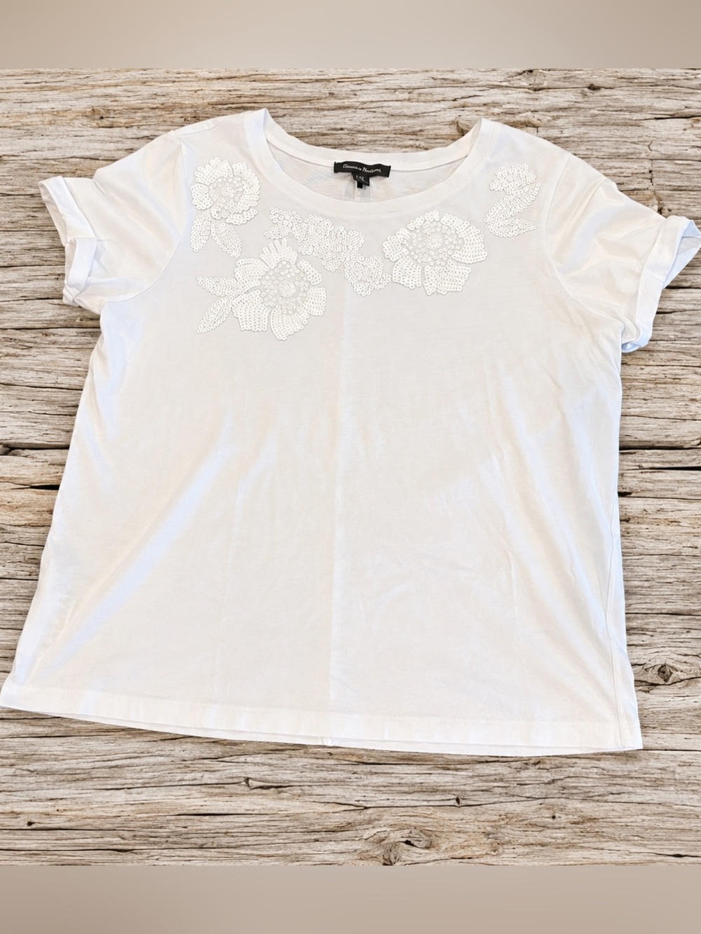 Tommy Bahama Floral Sequin Embellished Tee White Women’s XL Resort Top
